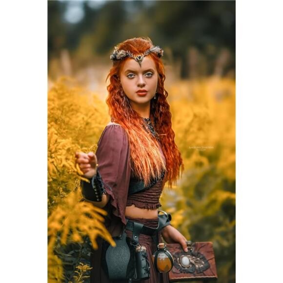 Brown Feather Witch Crown - Handmade Gothic Headpiece Elf Moon Cirlet - Picture 2 of 7